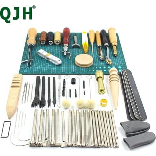 54pcs Leather Professional Tool Set Leather Edge Groover Beech Polishing Rod Strap Hole Punching Awls Carving Stamping Kit