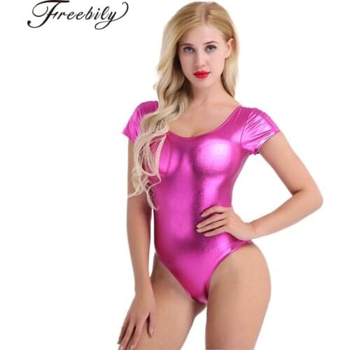 Women Adult Shiny Patent Leather Reflective One-piece Gymnastics Ballet Dance Leotard Bodysuit for Stage Performance Clothing
