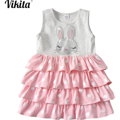 VIKITA Summer Girl Dress Rabbit Cartoon Print Vestidos Baby Girl Cotton Dress Children Sleeveless Clothing Kids Casual Wear