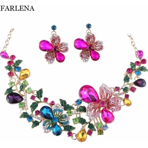 FARLENA Jewelry Luxury Multicolor Crystal Rhinestones Flowers Necklace Earrings Set Bridal Wedding Prom Jewelry Sets