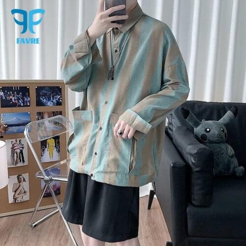 FAVRE Men Shirts Stripe Pocket Fashion Casual Shirt Long Sleeve Streetwear Spring And Summer Harajuku Korean Style Blouse