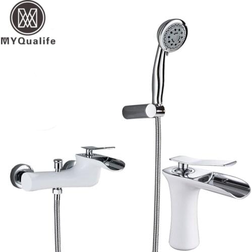 Chrome White Shower Faucet Wall Mounted Waterfall Spout Tub Mixer Tap Handheld Head Waterfall Bathroom Hot Cold Water Faucet
