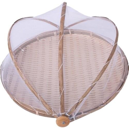 Quality Handmade Bamboo Woven Bug Proof Wicker Basket Dustproof Picnic Fruit Tray Food Bread Dishes Cover With Gauze Panier Osie