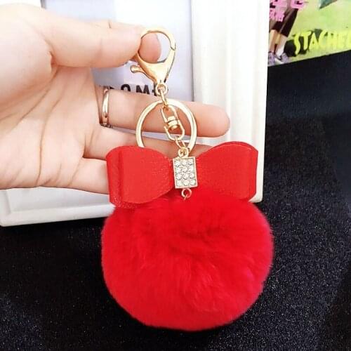 Korean Version of The Creative Rex Rabbit Hair Ball Crystal PU Bow Fur Bag Pendant Hair Ball Fashion Car Keychain Llavero Pompon