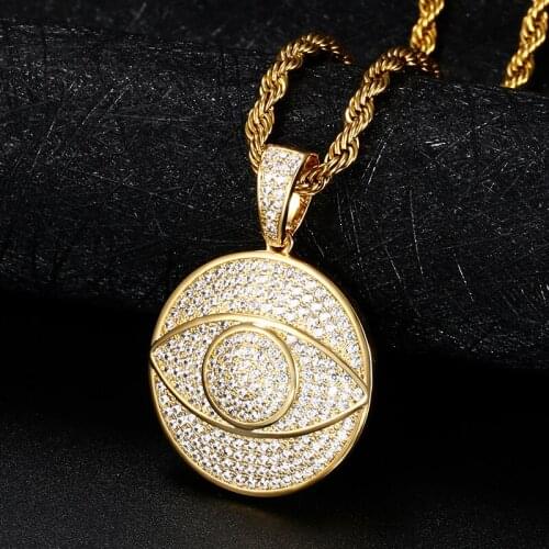 Micro Pave Round Evil Eye Pendant Necklace Cubic Zirconia Crystal Pave Eye Fashion Necklace Women Men Hip Hop Jewelry