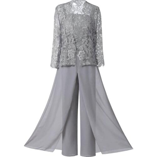 Lace Mother of the Bride Dresses Elegant Champagne 2020 Chiffon Pantsuit 3 Pieces Plus Size Wedding Party Guest Gown Dress