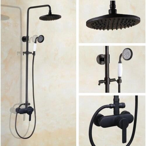 Black Oil Rubbed Brass Single Handle Bathroom 8 Inch Round Rain Shower Faucet Set Bath Mixer Tap Hand Shower Wall Mounted mhg158