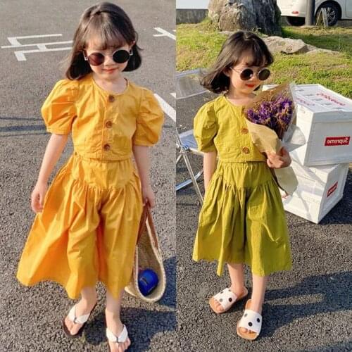 Kids Baby Girls Summers Short Sleeve Fashion Single Breasted Tops Shirts Solid Skirts Toddler Children Clothes Sets 2pcs 2-7Y