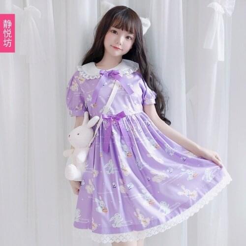 Summer soft girl skirt instrument rabbit loaded short sleeve black dress lolita daily dress retro girl