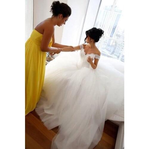 2015 Best Selling Off the Shoulder Lace Bodice Long Train Tulle Wedding Bridal Dresses