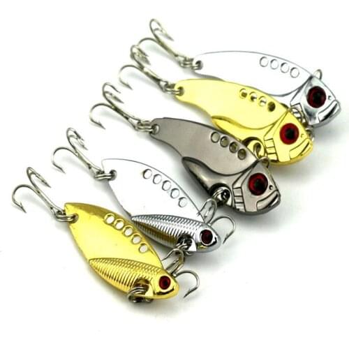 5Pcs/Lot vibration 5CM 11G Metal fishing Lure bass VIB Metal bait fish spoon lures balance 8#hooks red 3d eyes Free shipping