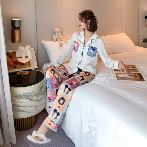 Fashion Women Pajamas Comfortable Ice silk Pajamas High Quality Long sleeve Pajamas Home Wear Sets New Cartoons Cardigan Pajamas