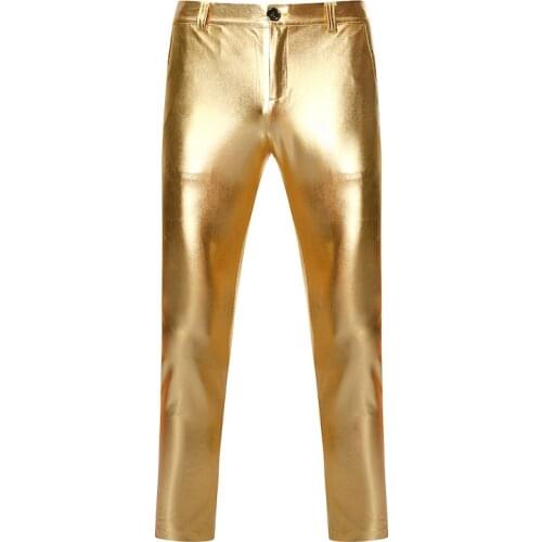 Motorcycle PU Leather Pants Men Brand Skinny Shiny Gold Coated Metallic Pants Trousers Nightclub Stage Perform Pants for Singers