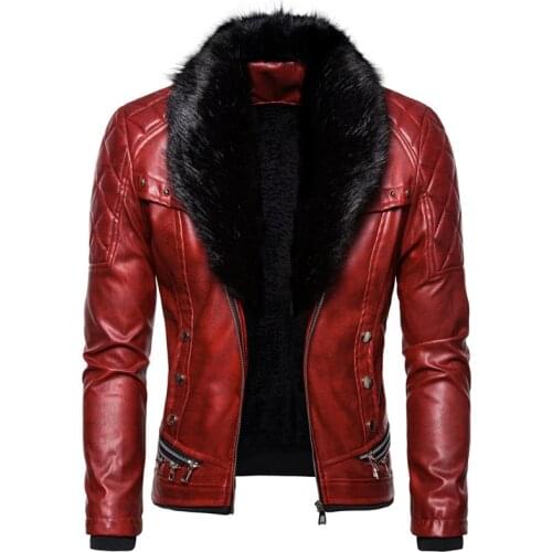 ABOORUN Mens Punk Rivet Zipper Leather Jacket Detachable Fur Collar Red Black Slim Motorcycle Biker Thicken Leather Jacket R2938