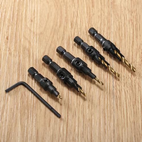 5pcs/kit HSS Titanium Countersink Drill Kit Quick Change 1/4" Hex Shank Screw #5 #6 #8 #10 #12 Woodworking Tools Wood Drilling