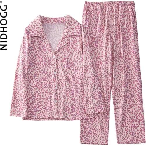 Autumn Knitted Cotton Pajamas Long-sleeved Trousers Leopard Printing Woman Pijama Set Lapel Two Piece Set Ladies Sexy Nightwear