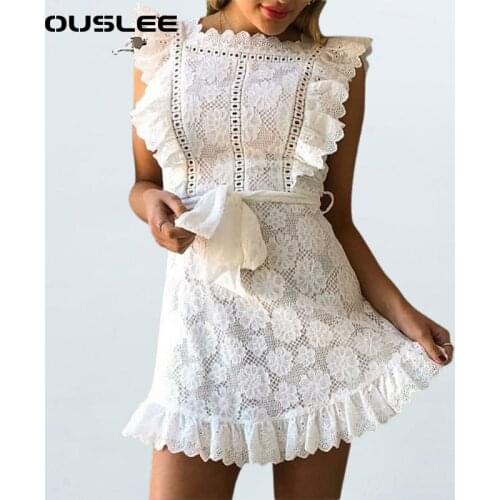 Ouslee Summer Women Floral Lace Mesh Sexy White Dress Hollow Out Slim Dress Elegant Backless Mini Dress Party Beach Dress