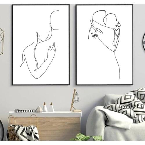 Couple Body Hugs Black White Abstract Line Poster Romantic Love Minimalist Canvas Painting Prints Wall Art Picture Bedroom Decor
