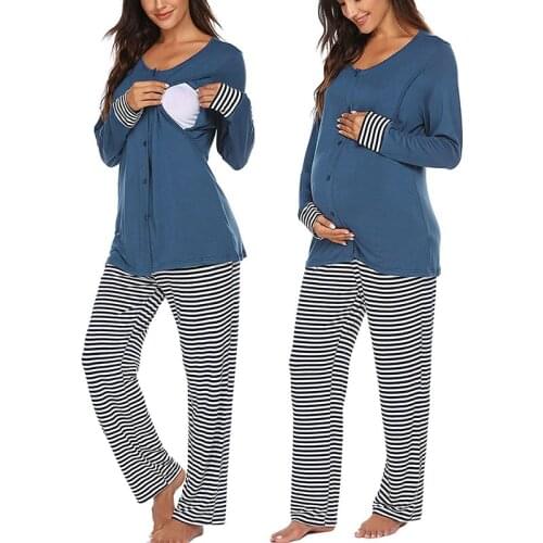 Maternity Pajamas Maternity Homewear Set Maternity Care Button Long Sleeve Top and Waist Adjustable Pants Pajama Set