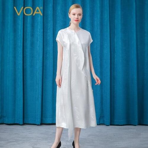 VOA 32m/m Heavy Silk Jacquard V-neck Hem Side Split Straight Tube Improved AE782 Chinese Style Cheongsam Dress for Women