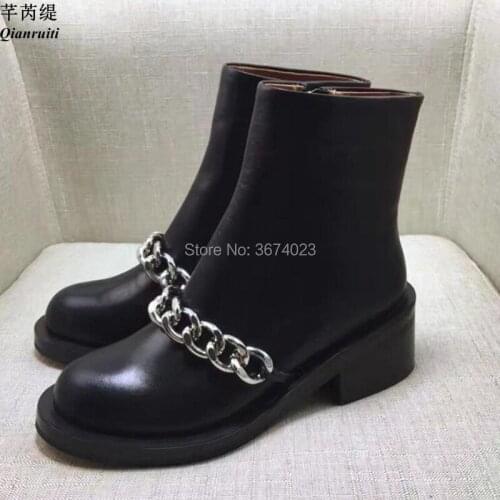 Qianruiti Women Fashion Chelsa Boots Silver Gold Chains Ankle Boots Side Zipper Chunky Heels Round Toe Leather Booties Women