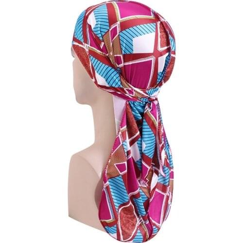 Satin Silky Durags Long Tail Scarf Breathable Bandanas African Pattern Head Wrap Turban Women Long Tail Pirate Hat Chemo Durags
