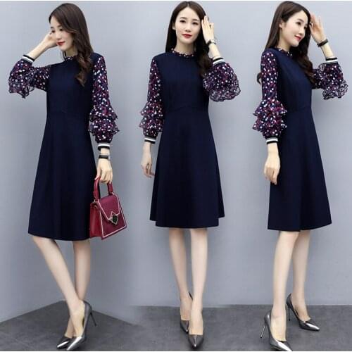 2021 spring autumn slim womens dress mid-length pastel vestidos de festa Vintage midi dress chiffon patchwork Dress Female