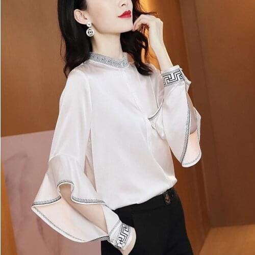 2021 Autumn Fashion design womens stand collar long sleeve hollow out ruffles patchwork satin fabric blouse shirt plus size