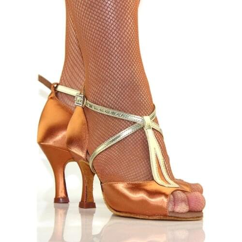 Latin Dance Shoes Woman Ballroom Shoes Satin Spring Buckle Thin Heel Brown Slip-On 2020 New Fashion Female Brand Discount BD2369