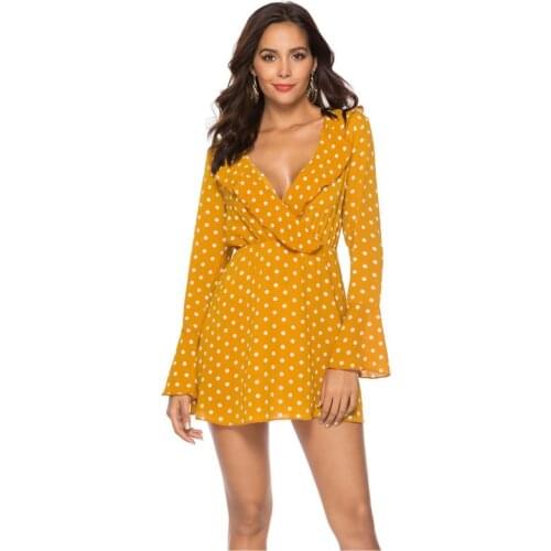 2019 New Fashion Summer Womens Dress Sexy V Neck Polka Dot Chiffon Flared Long Sleeve Dress Hot Sale