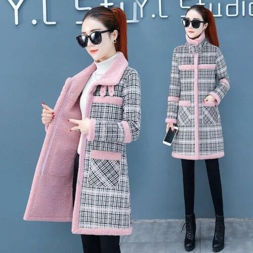 2021 Winter New Women Jacket Faux lamb Wool Woolen Coat Lattice Thicken Plus Velvet Mid Long Female Woolen Cloth Overcoat R1323