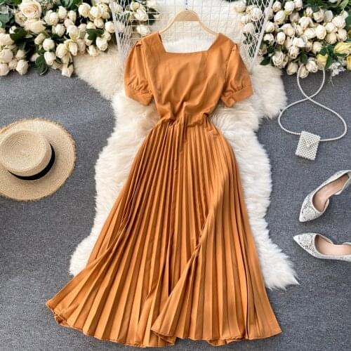 Vintage Women Summer Dresses 2021 Fashion Short Sleeve Square Collar Bandage Slim Pleated Dress Chic Casual Party Vestidos