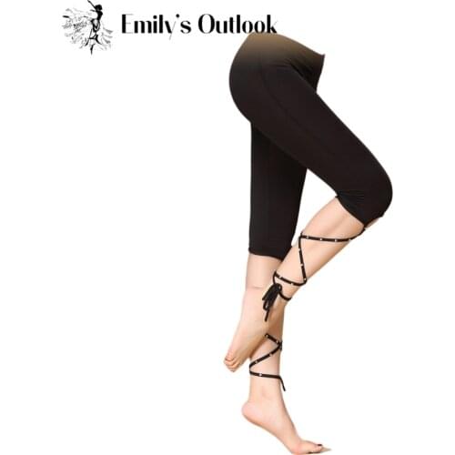 Belly Dance Pants Yoga Tights Tie Up Leggings Strappy Dry Fit Workout Capris Bandage Pants Black Free Shipping