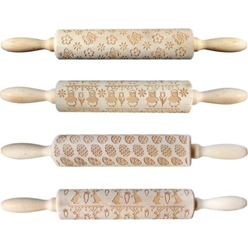 Easter Day Christmas Embossing Wood Rolling Pin for DIY Baking Cookies Noodle Biscuit Fondant Cake Engraved Stencil
