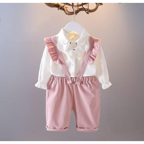 Children Clothes Baby Girls Set Kids Fashion White Top+Overalls 2 Piece Toddler Sport Suit Autumn Spring For 0 1 2 3 4 5 Years