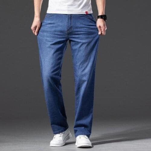 Mens Straight Cut Jeans Summer Loose Pants Light Blue Straight Leg Pants Fit Male Vintage Large Size 44 Business Denim Trousers