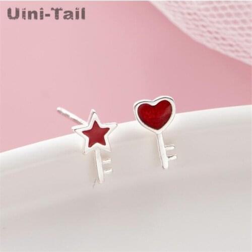 Uini-Tail hot new 925 sterling silver small fresh asymmetric heart-shaped key earrings fashion tide flow cute girl jewelry ED529