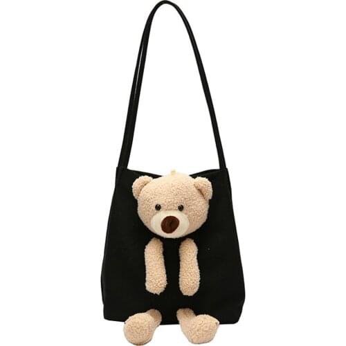 One-shoulder Bear Canvas Bag Cartoon Cute Backpack All-match Lady Shoulder Fashionable Bag Large Capacity Girls Casual Tote