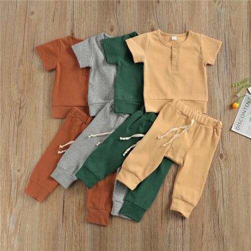 0-18M Newborn Baby Girls Boys Clothes Sets Cotton Solid Short Sleeve Pullover Pocket Tops Pants 4 Colors Summer