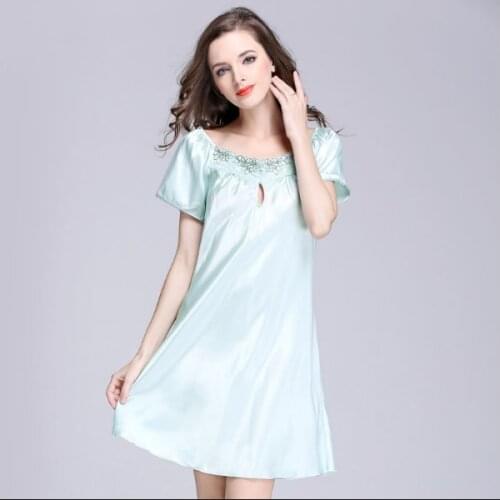 Summer women fashion soft manmade silk fabric lace patchwork sleepshirt female candy color short sleeve ruffled nightdress