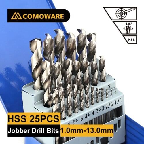 COMOWARE Jobber Metal Drill Bit Set 25Pcs HSS M2 for Stainless Steel Plastic Wood 1.0mm -13.0mm