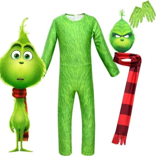 2020 New Halloween Grinch Christmas Kids Costume Cosplay Green Hair Monster Jumpsuit Costume Kids Halloween Girl Boy