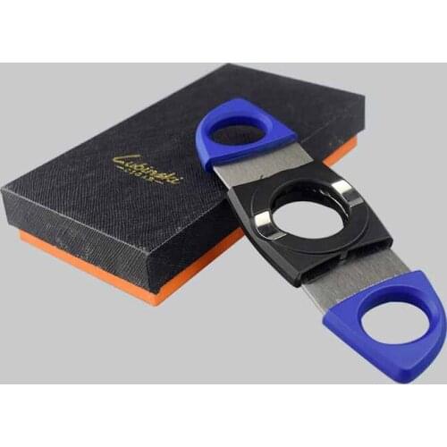 New Style Lubinski Blue/ Orange/ Black Color Plastic Handle Stainless Steel Dual Blades Cigar Cutter, with a pouch