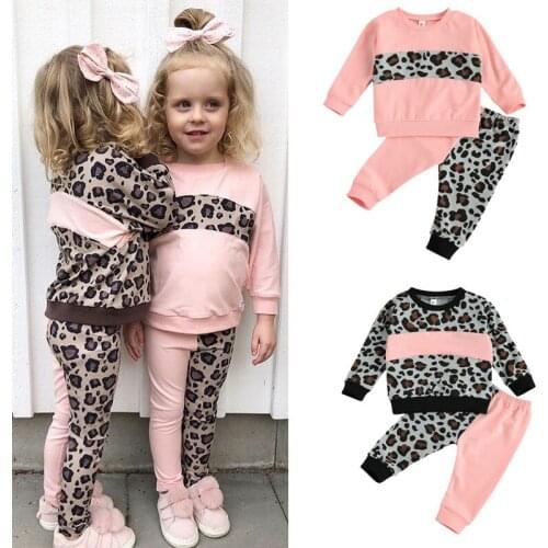 1-4Y Fahion Girls Clothing Sets 2021 Autumn Girls Patchwork Leopard Print Sweatshirts Tops+Pants Tracksuits for Girls Outfits