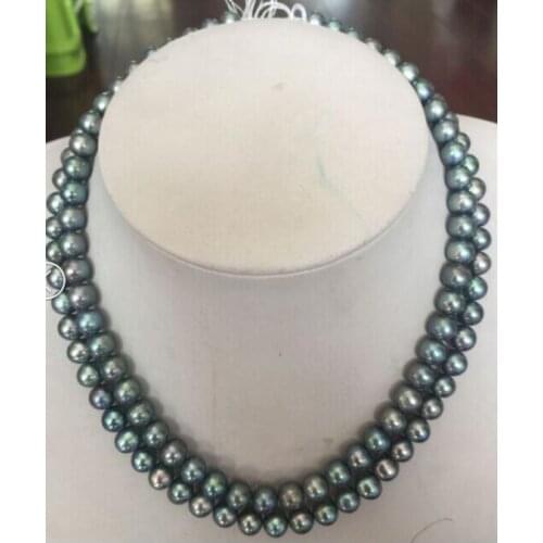 Double strands8-9MM round peacock green pearl necklace17"18"925silver