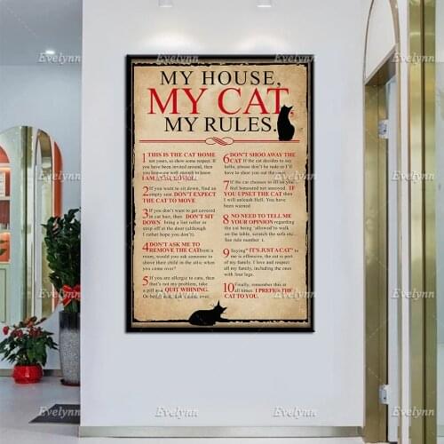 Cat Lovers My House My Cat My Rules Retro Poster Wall Art Print Home Living Decor Poster Canvas Unique Gift