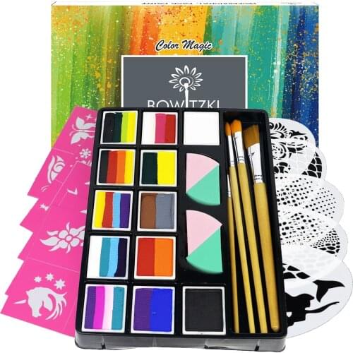 Bowitzki Professional Face Painting Kit for Kids Adults Body Paint Set with Stencil One Stroke Split Cakes Rainbow