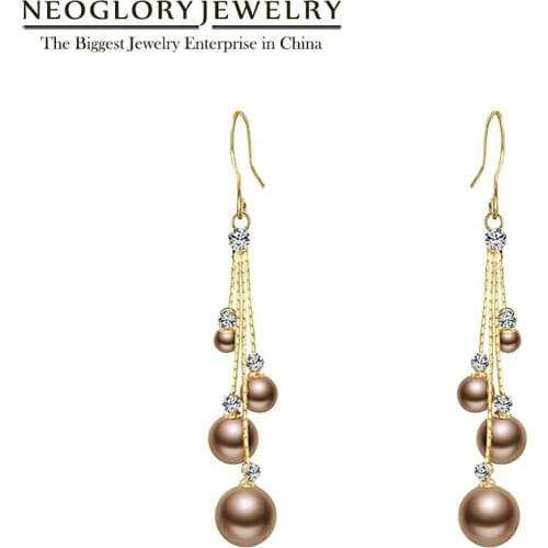 Neoglory Crystal Pearl Long Tassel Hook Earrings For Women irregular Brown White Beads Bridal Wedding Jewelry New Fairy Hot Gift