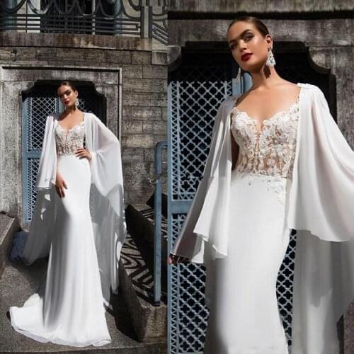 2020 Mermaid Wedding Dresses with Long Cape Appliques Covered Button Back Castle Wedding Gown Illusion Lace Bridal Gowns