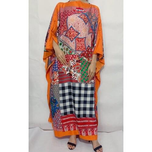 Traditional printed Bohemian Silk kaftan maxi dresses Loose batwing Sleeve Dubai Muslim women Robe gowns African dress for women